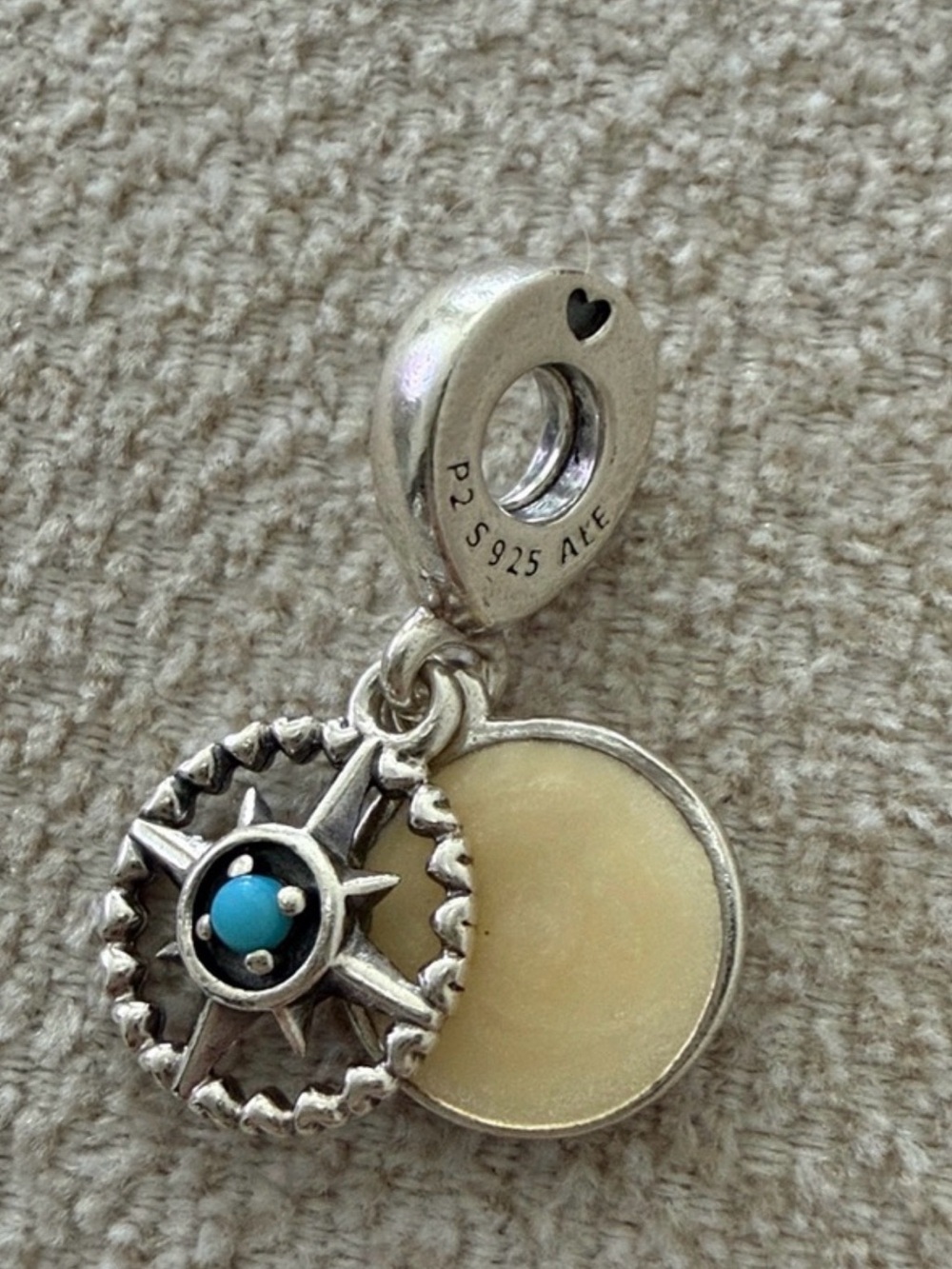 Sterling Silver Compass & Moon Drop Charm in Cream and Turquoise